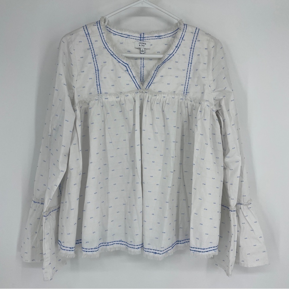 Crown and Ivy Pink Blue White Embroidered Blouse Boho Flowy